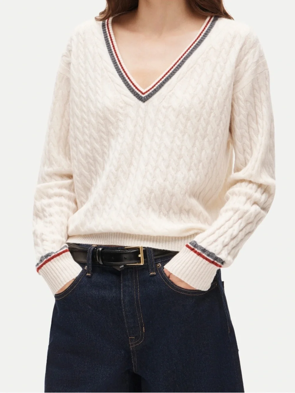 NWT J. Crew Cashmere Cableknit V-Neck White Sweater with Res & Grey Trim